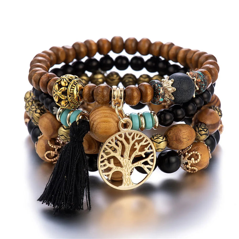 Wooden Beaded Bracelets Set