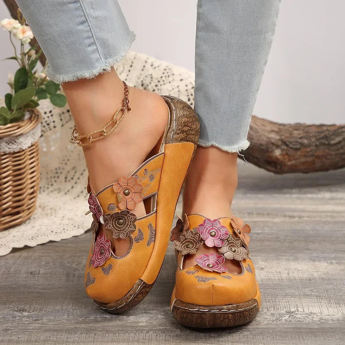 Floral Wedge Mules