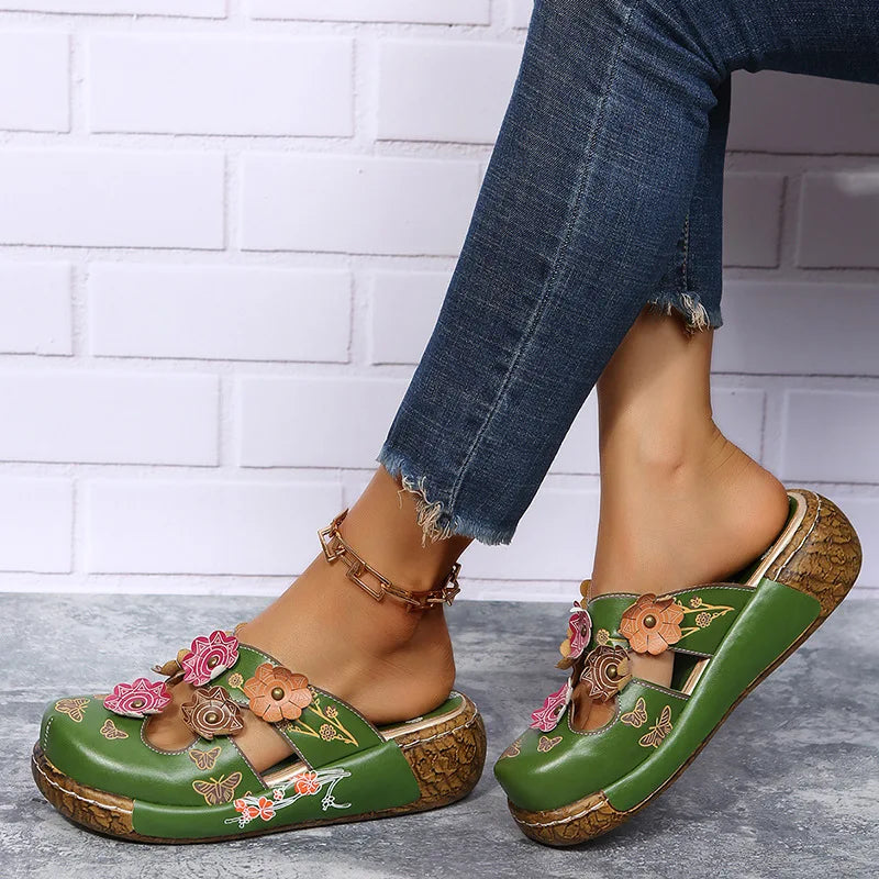 Floral Wedge Mules