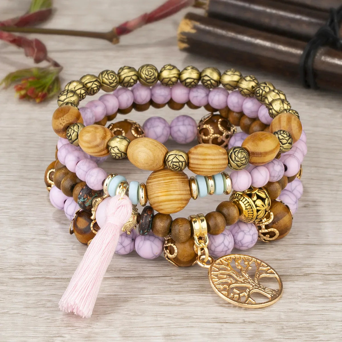 Wooden Beaded Bracelets Set