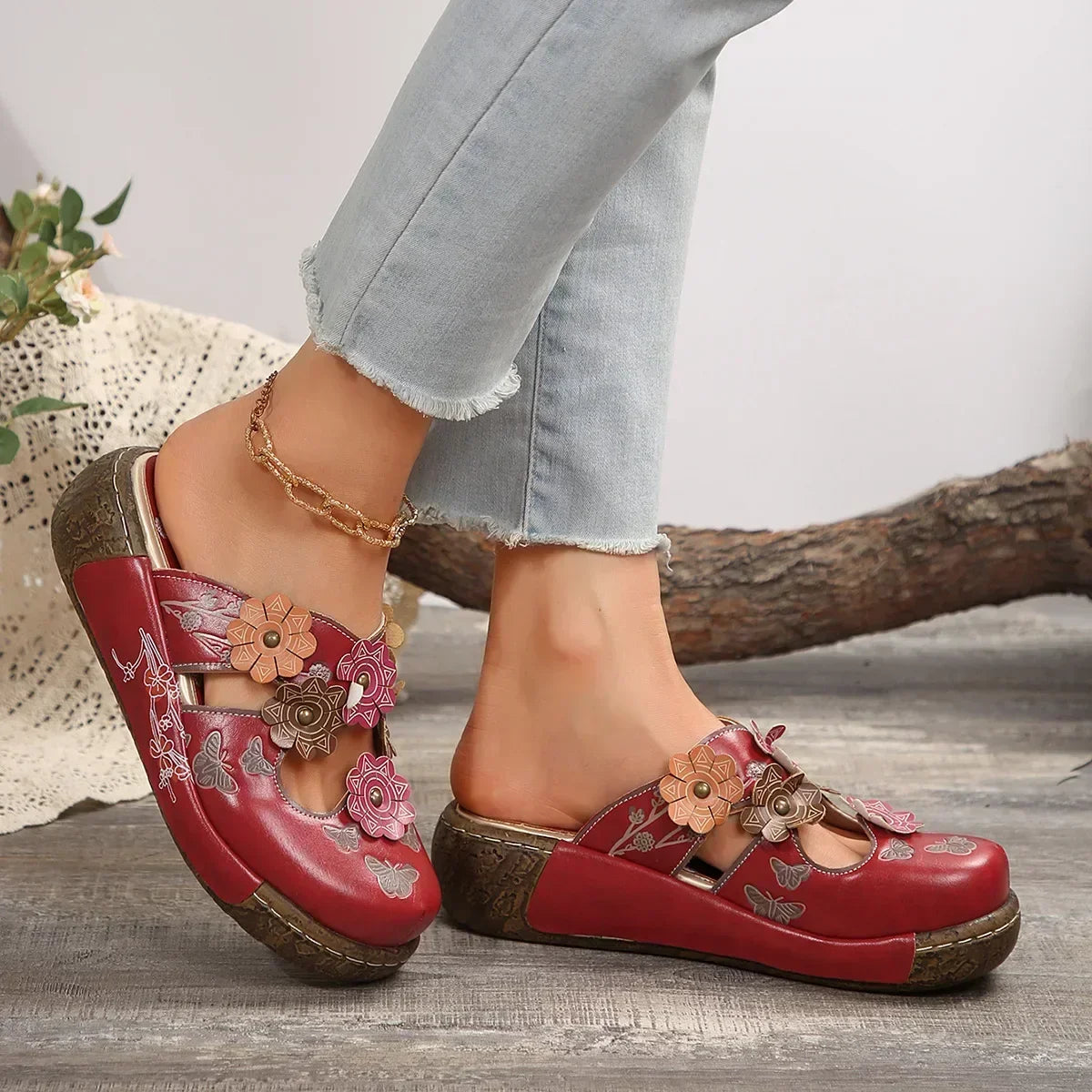 Floral Wedge Mules